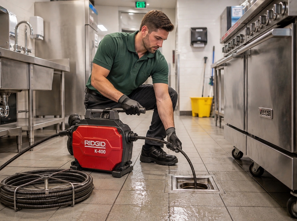 Fachhandwerker bei der elektromechanischen Rohrreinigung mit Spirale im Bodeneinlauf